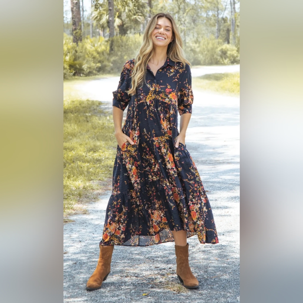Natural Life Rebecca Midi Dress Navy Red Bouquets
